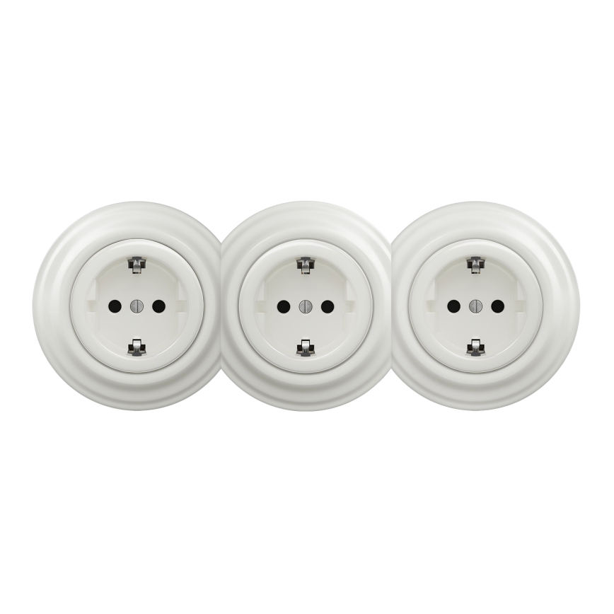 Kliklap - Toma de corriente triple de estilo retro para uso doméstico con marco SCHUKO 230V, blanca