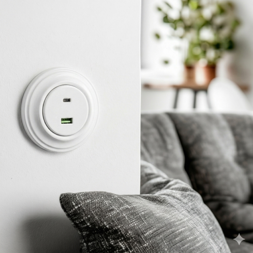 Kliklap - Toma de corriente USB retro A+C con marco blanco nieve