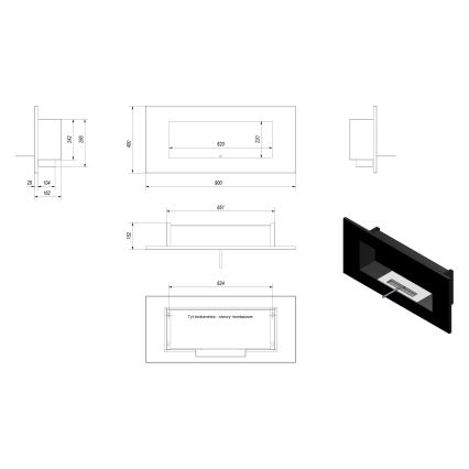 Kratki - Chimenea empotrada BIO 40x90 cm 2kW negro