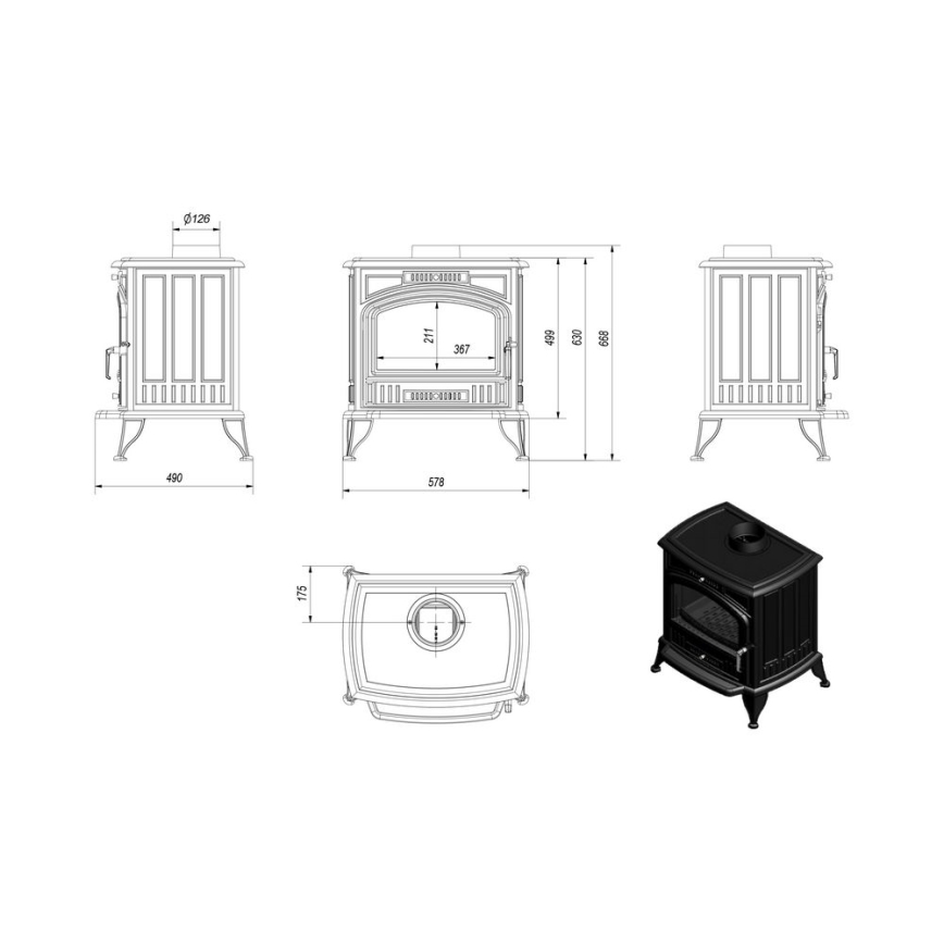 Kratki - Estufa de fundición para chimenea 8kW 150mm