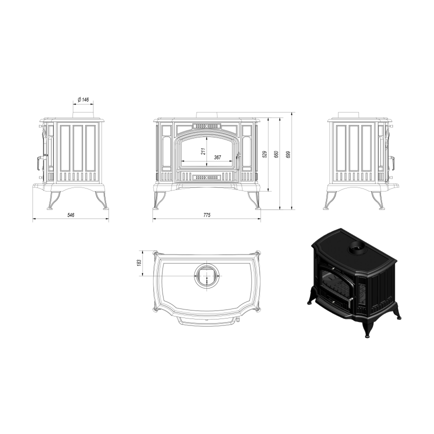 Kratki - Estufa de fundición para chimenea 10kW 150mm