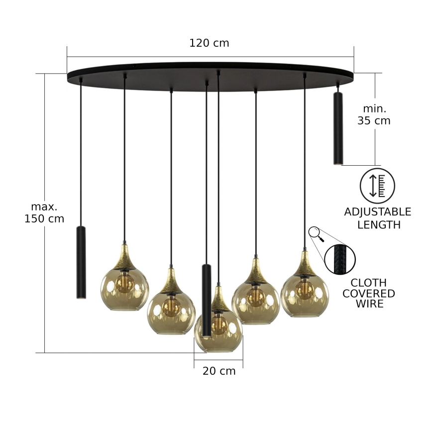 Lámpara colgante con cable CALYPSO 3xGU10/60W/230V + 5xE27/60W negro/dorado