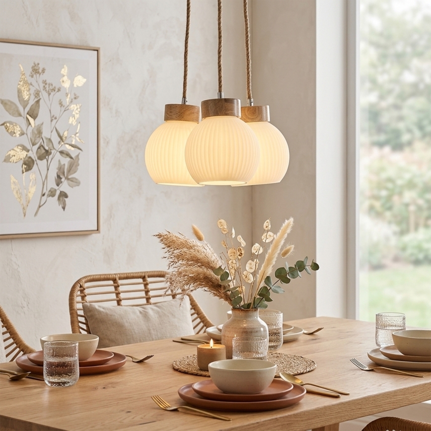 Lámpara colgante con cable LOOMIS 3xE27/15W/230V 83 cm beige/roble