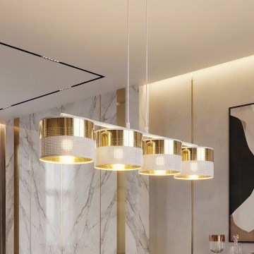 Lámpara colgante con cable LUX 4xE27/15W/230V blanco/dorado