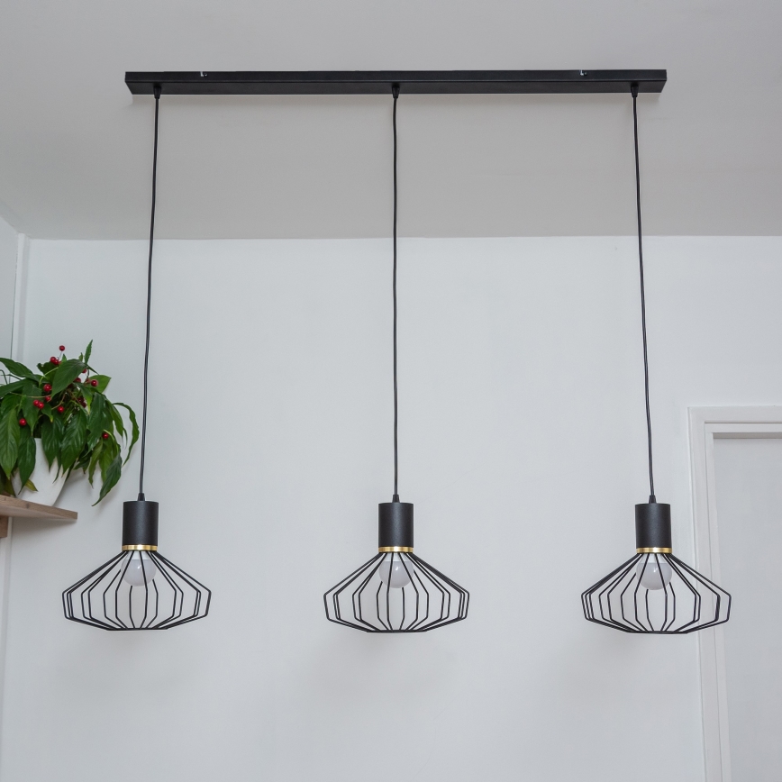 Lámpara colgante con cable SOLANO 3xE27/15W/230V negra/dorada