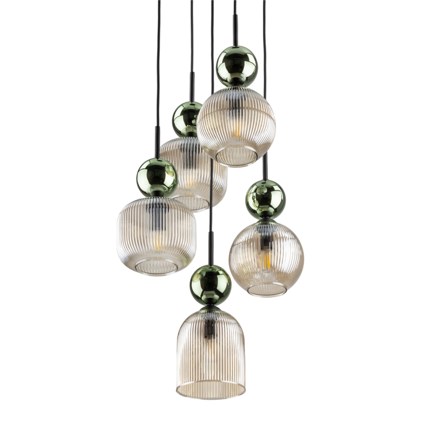Lámpara colgante con cable SOPHIA 5xE14/10W/230V negra/verde/beige ahumado