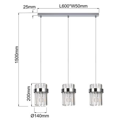 Lámpara colgante con cable VETRO 3xE14/10W/230V cromo brillante
