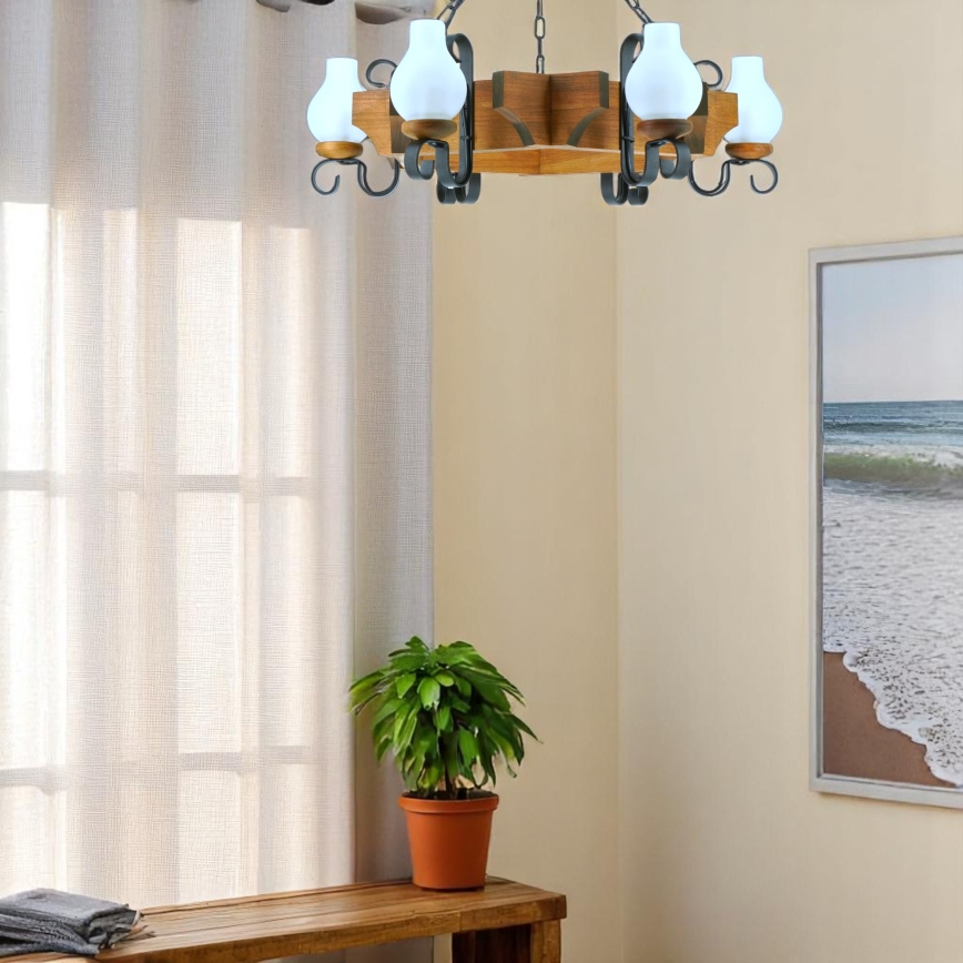 Lámpara colgante con cadena QUEEN 6xE14/40W/230V haya