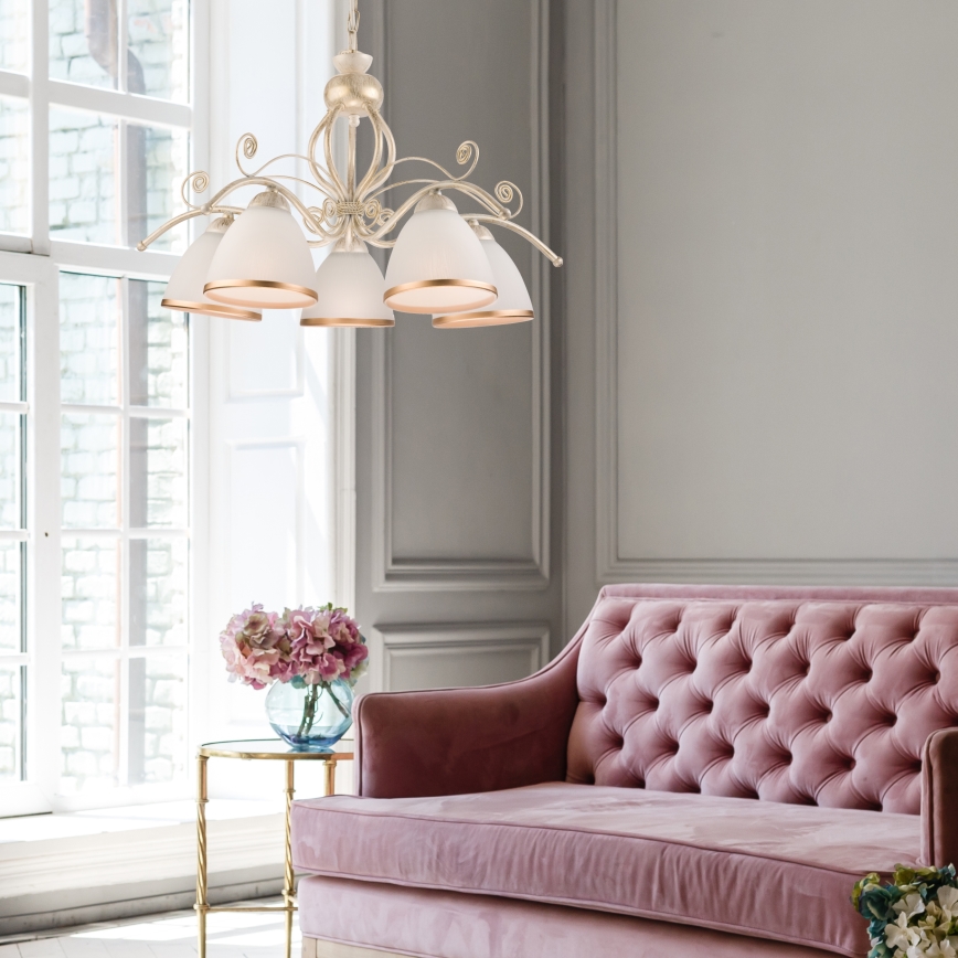 Lámpara colgante con cadena RETRO II 5xE27/60W/230V, acabado en pátina blanca