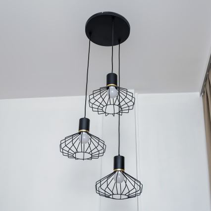 Lámpara colgante de cable SOLANO 3xE27/15W/230V negra/dorada