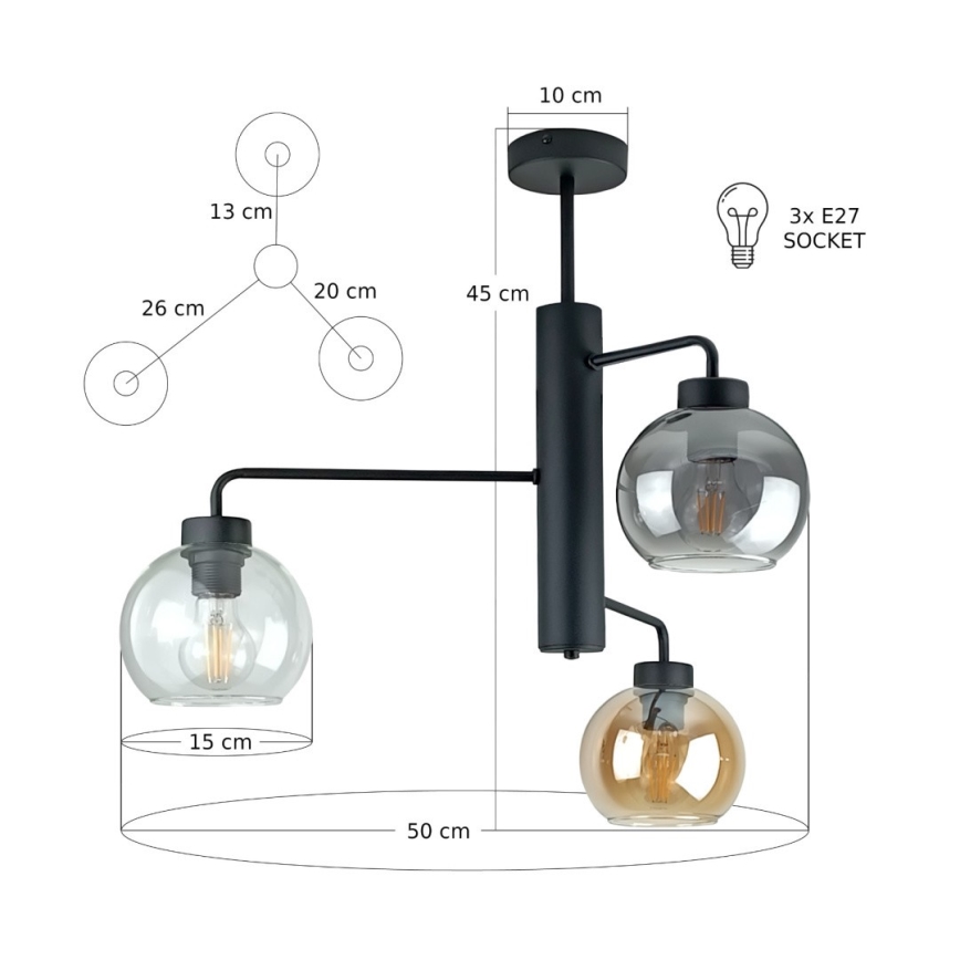 Lámpara colgante FLEX 3xE27/60W/230V negro/negro ahumado/beige ahumado/transparente