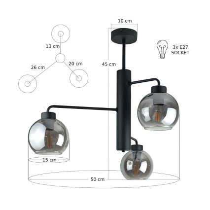 Lámpara colgante FLEX 3xE27/60W/230V negro/negro ahumado