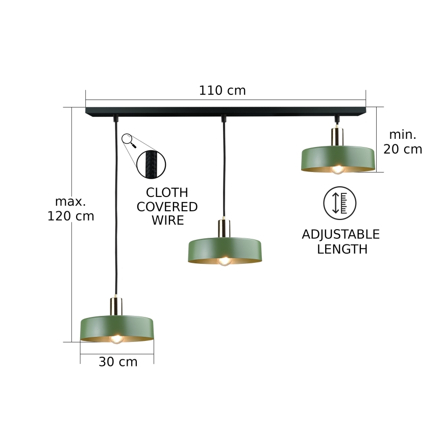 Lámpara colgante HAKI 3xE27/60W/230V Verde/negro/cromo brillante