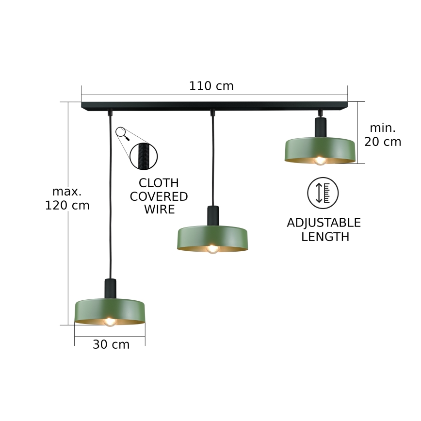 Lámpara colgante HAKI 3xE27/60W/230V Verde/negro