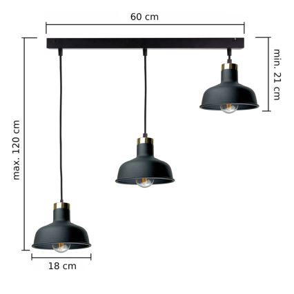 Lámpara colgante HEBE 3xE27/60W/230V negro