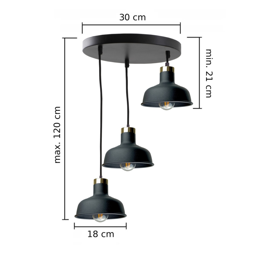 Lámpara colgante HEBE 3xE27/60W/230V negro