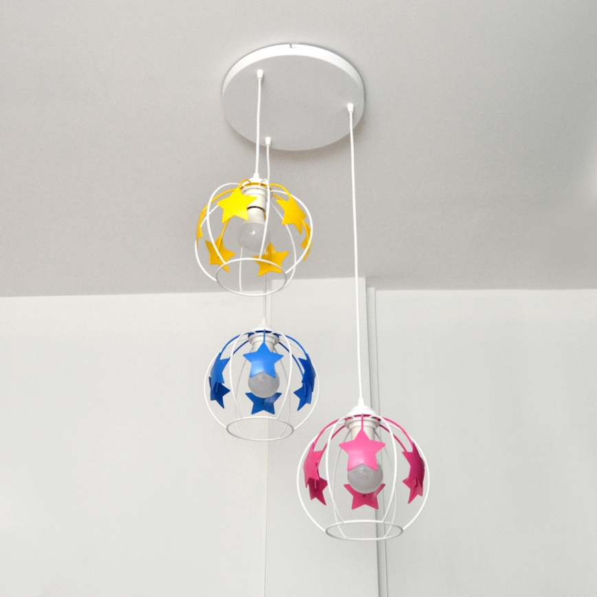 Lámpara colgante infantil STARS 3xE27/15W/230V azul/rosa/amarillo