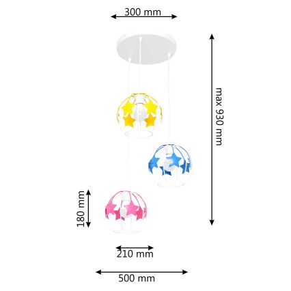 Lámpara colgante infantil STARS 3xE27/15W/230V azul/rosa/amarillo