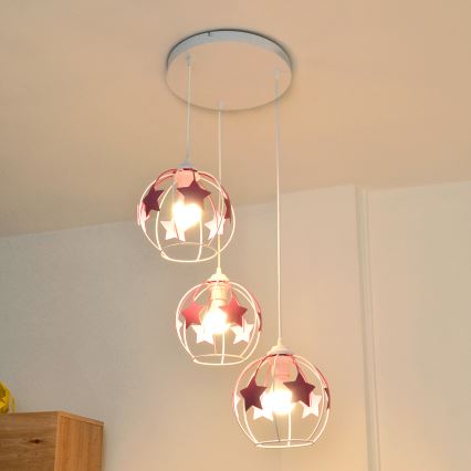 Lámpara colgante infantil STARS 3xE27/15W/230V rosa/blanco