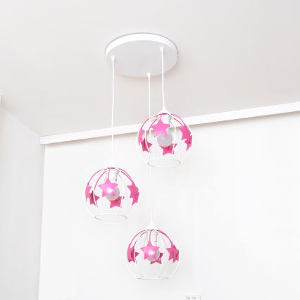 Lámpara colgante infantil STARS 3xE27/15W/230V rosa/blanco