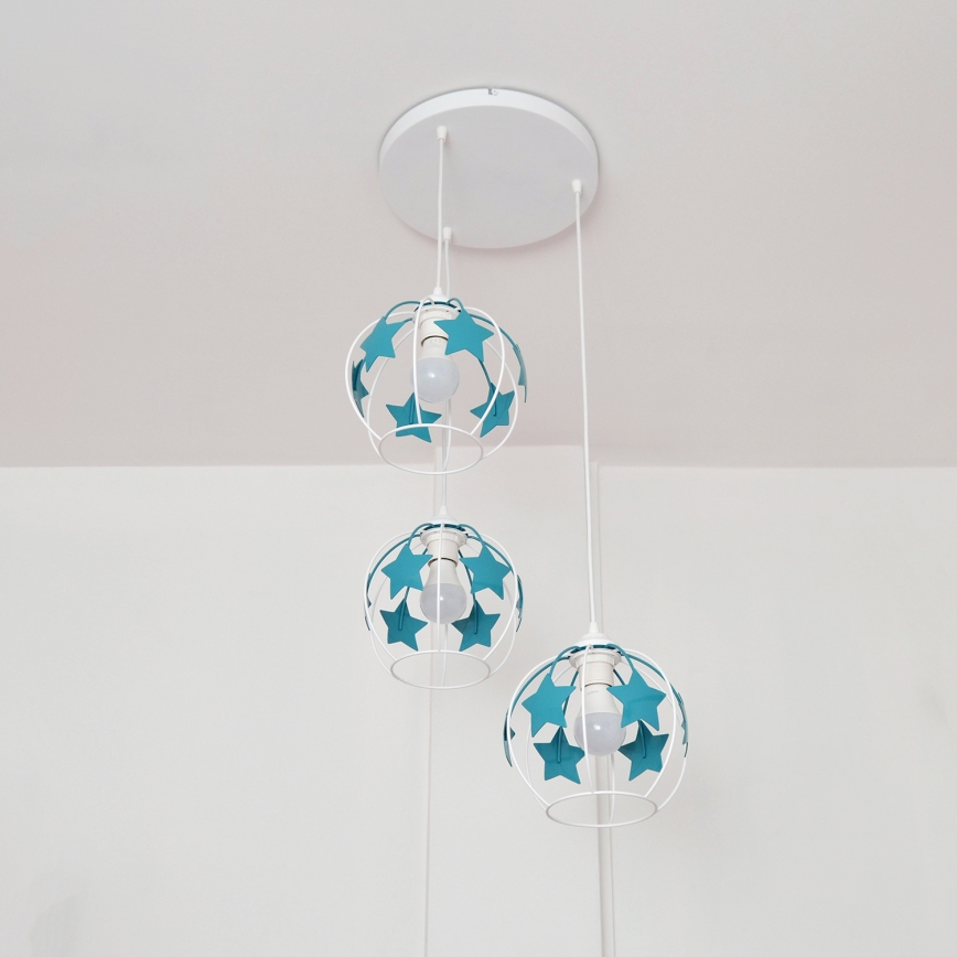 Lámpara colgante infantil STARS 3xE27/15W/230V turquesa/blanco