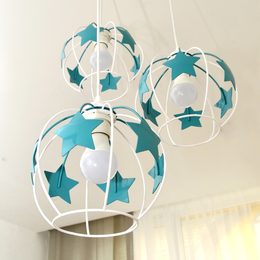 Lámpara colgante infantil STARS 3xE27/15W/230V turquesa/blanco