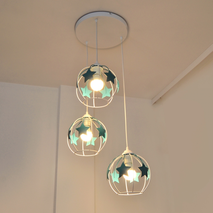 Lámpara colgante infantil STARS 3xE27/15W/230V turquesa/blanco