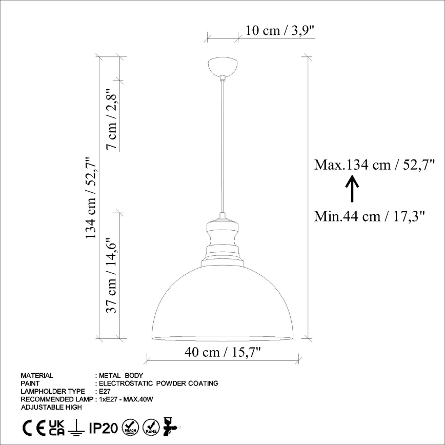 Lámpara colgante KURE 1xE27/40W/230V diá. 40 cm gris