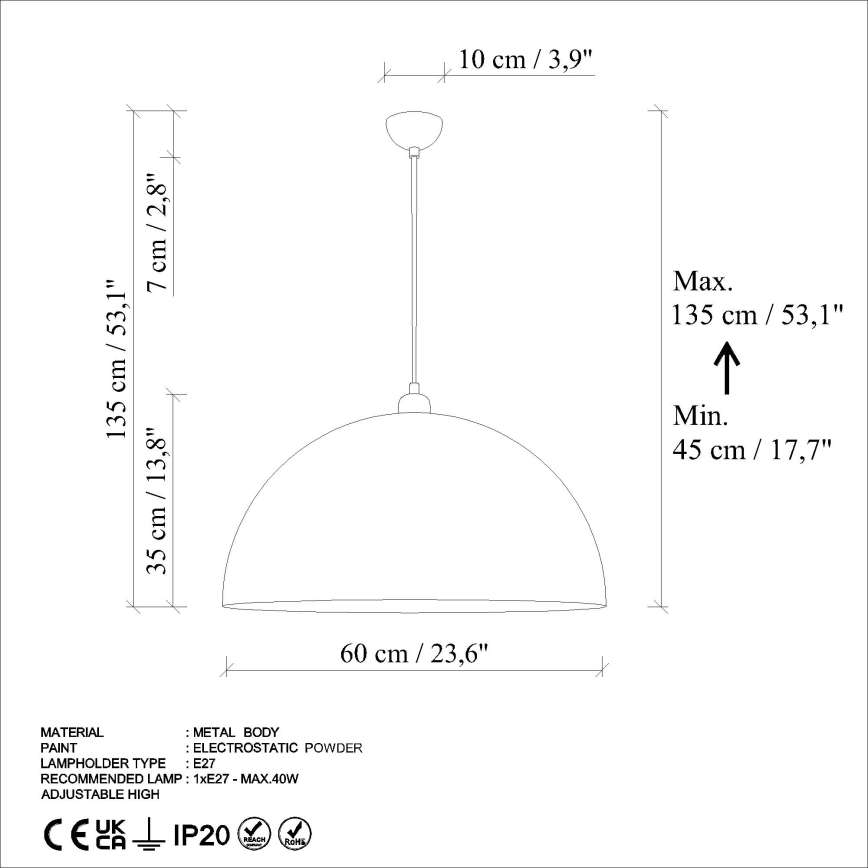 Lámpara colgante KURE 1xE27/40W/230V diá. 60 cm gris