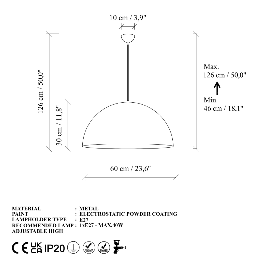 Lámpara colgante KURE 1xE27/40W/230V dorado