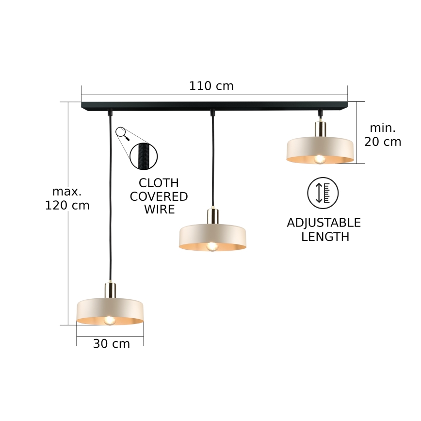 Lámpara colgante LATTE 3xE27/60W/230V beige/negro/cromo brillante