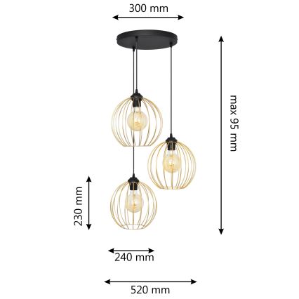 Lámpara colgante MERCURE 3xE27/15W/230V dorado/negro