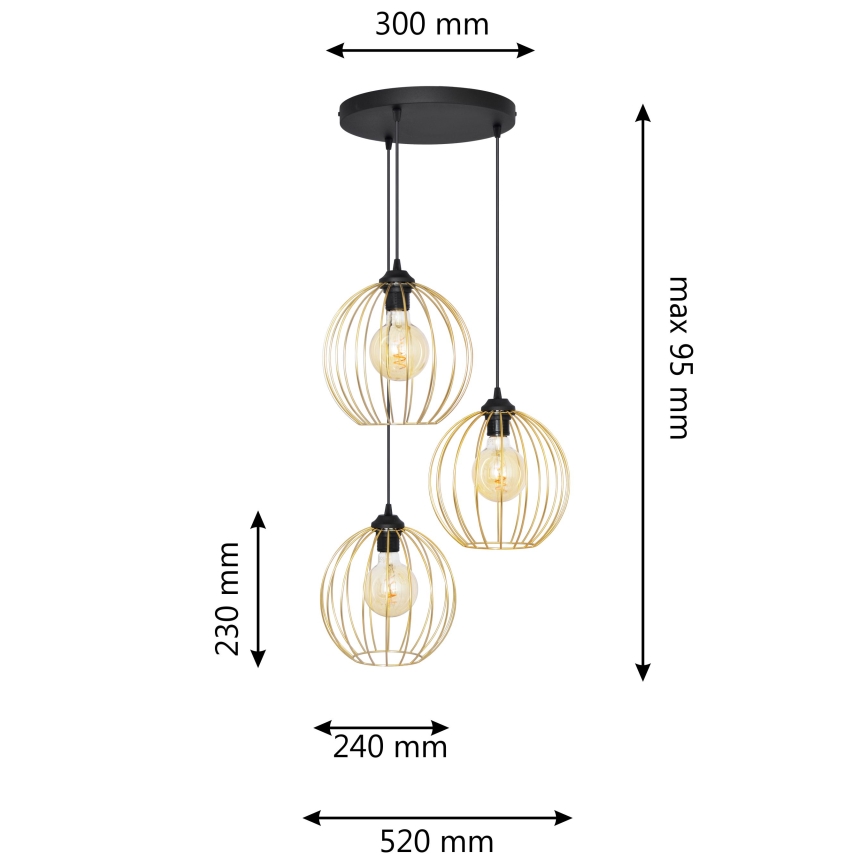 Lámpara colgante MERCURE 3xE27/15W/230V dorado/negro