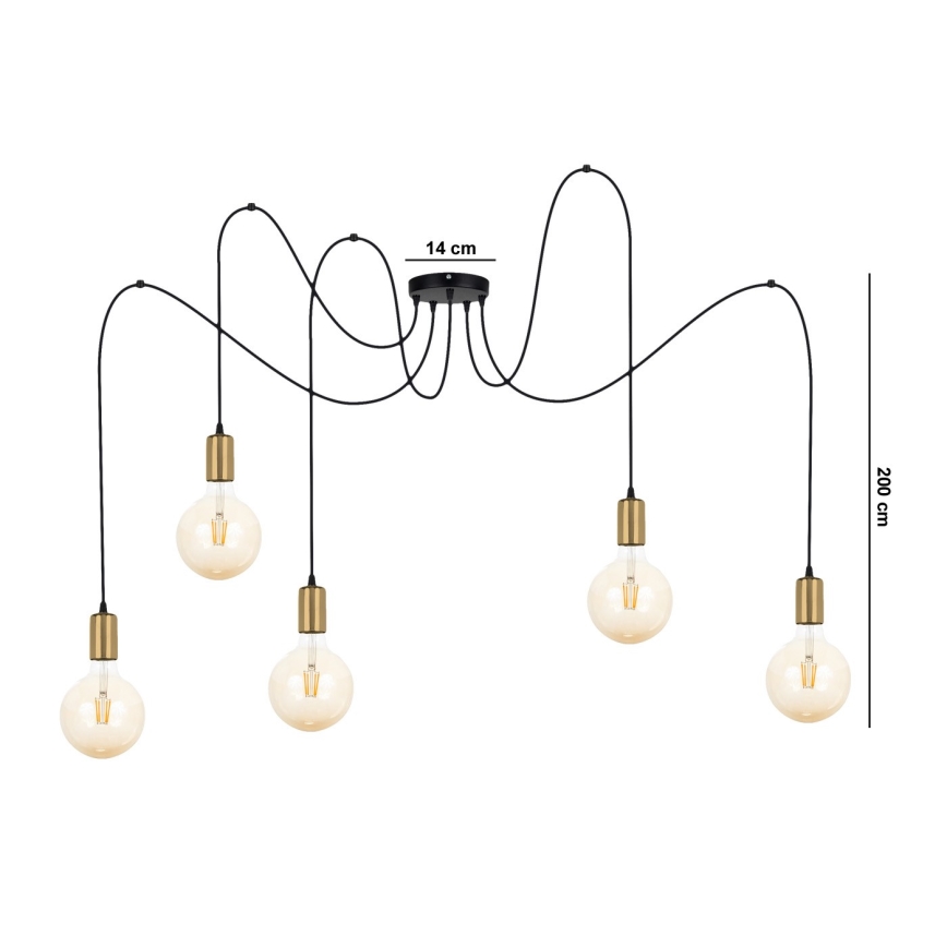 Lámpara colgante MIROS 5xE27/60W/230V araña negro/dorado