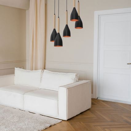 Lámpara colgante MUZA 5xE27/15W/230V negro/beige/cobre/haya
