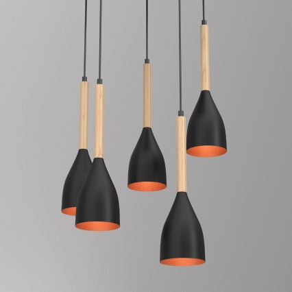 Lámpara colgante MUZA 5xE27/15W/230V negro/beige/cobre/haya