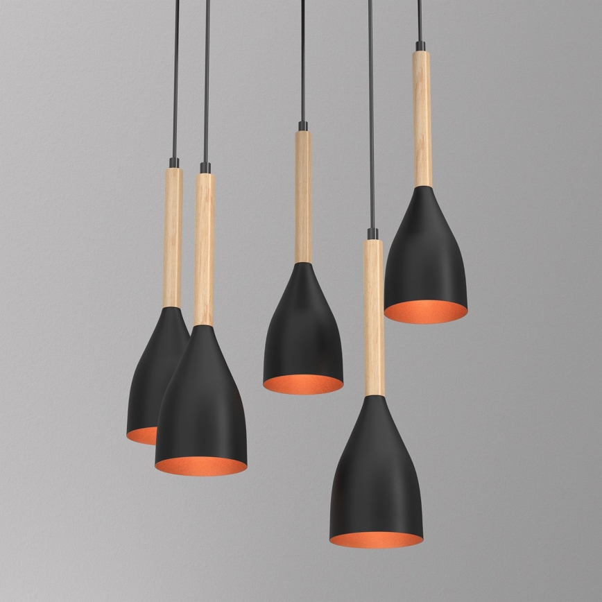 Lámpara colgante MUZA 5xE27/15W/230V negro/beige/cobre/haya