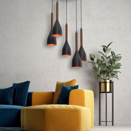 Lámpara colgante MUZA 5xE27/15W/230V negro/marrón/cobre/haya