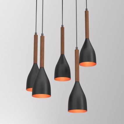 Lámpara colgante MUZA 5xE27/15W/230V negro/marrón/cobre/haya