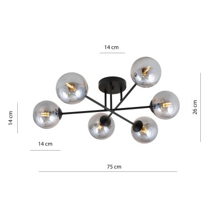 Lámpara colgante ROMA 6xE14/10W/230V negro/ahumado
