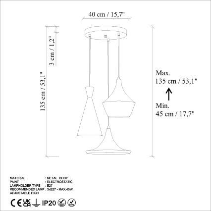 Lámpara colgante TOM 3xE27/40W/230V gris