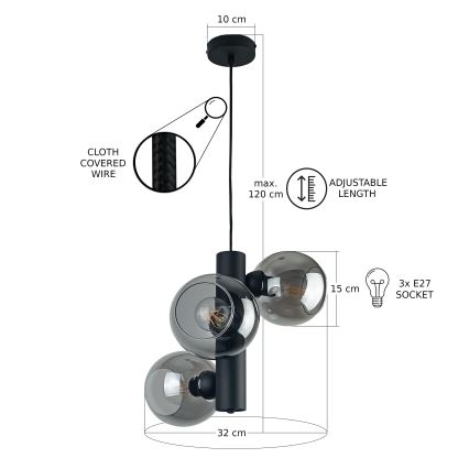 Lámpara colgante TUBE 3xE27/60W/230V negro/negro ahumado