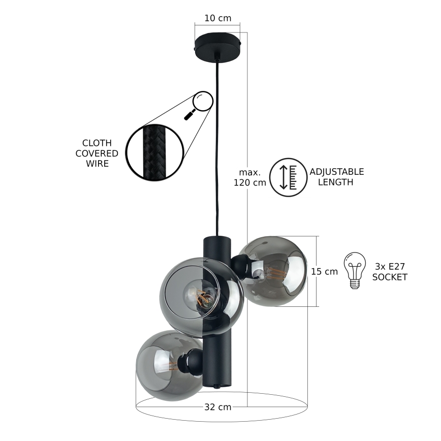 Lámpara colgante TUBE 3xE27/60W/230V negro/negro ahumado