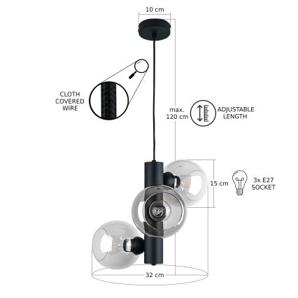 Lámpara colgante TUBE 3xE27/60W/230V negro/transparente