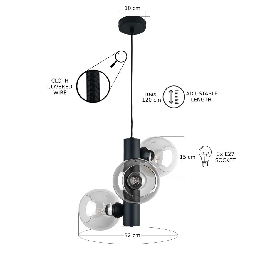 Lámpara colgante TUBE 3xE27/60W/230V negro/transparente