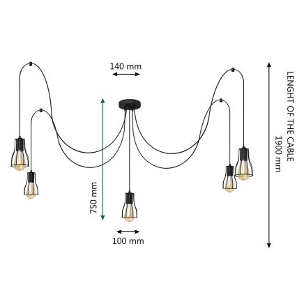 Lámpara colgante TUBE 5xE27/15W/230V araña negro