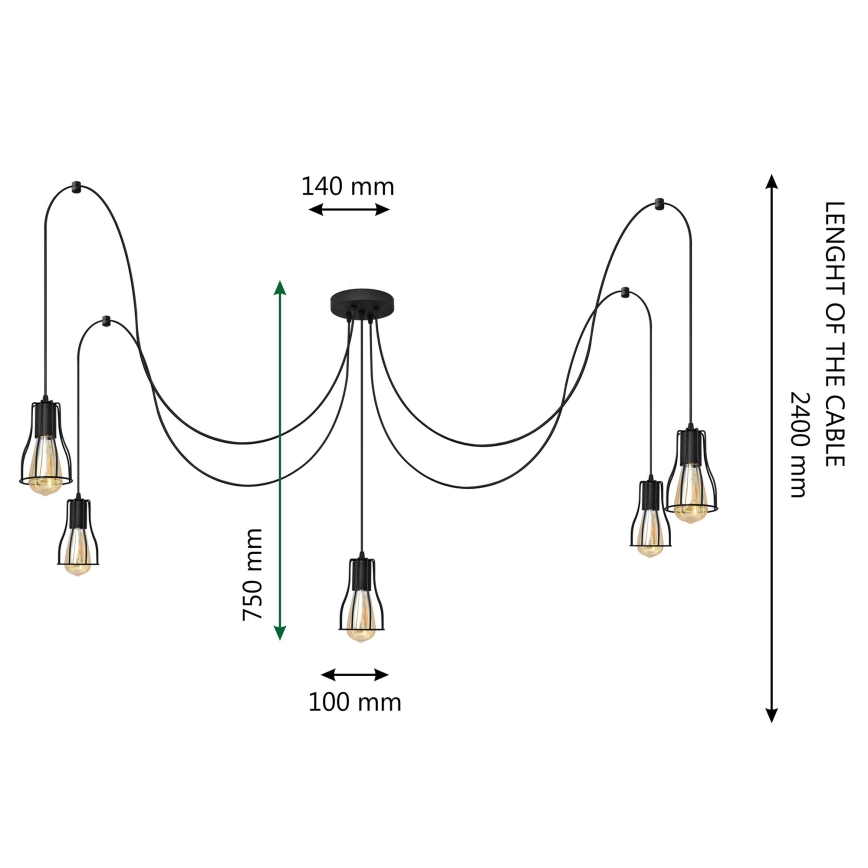 Lámpara colgante TUBE LONG 5xE27/10W/230V negro
