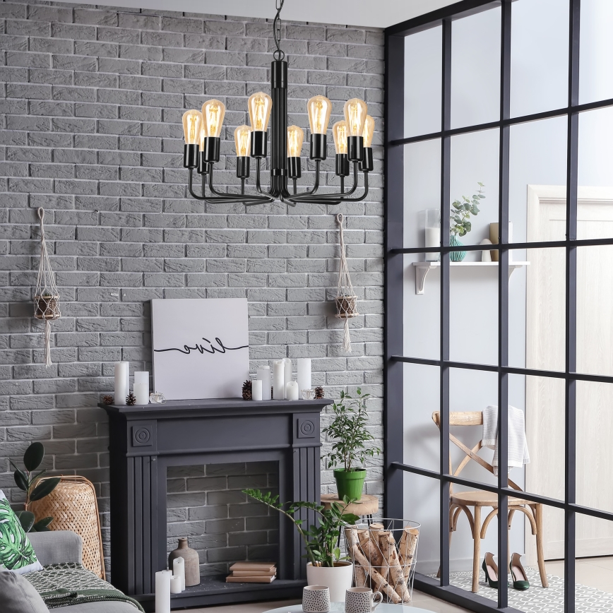 Lámpara de araña con cadena 10xE27/60W/230V negra