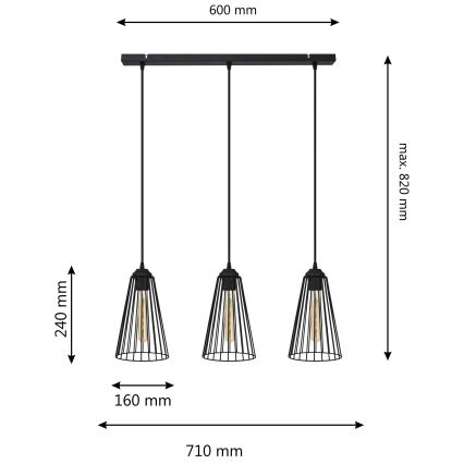 Lámpara de araña de cadena TORRI 3xE27/15W/230V negro
