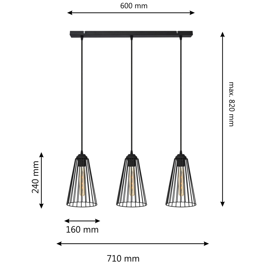 Lámpara de araña de cadena TORRI 3xE27/15W/230V negro
